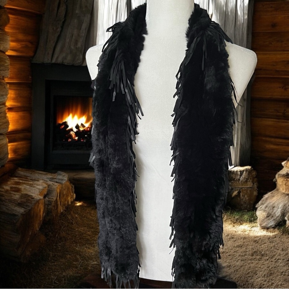 💖 Knitted Rabbit Fur Scarf w/ Leather Fringe • Luxe Boho Chic 💖